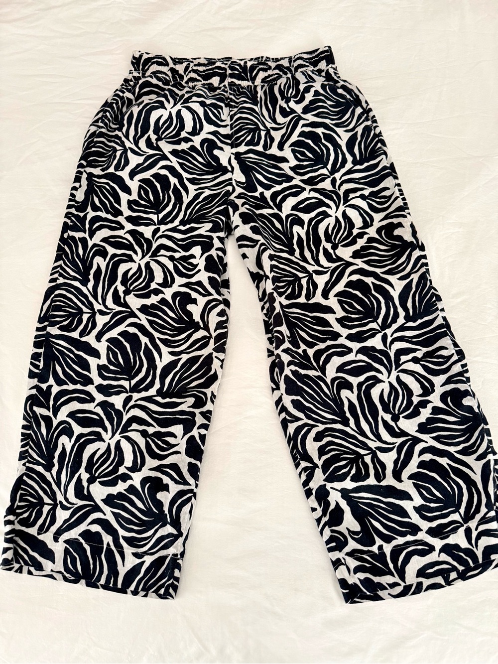 Nicole Miller New York 100% Linen Floral Wide Leg Pull On Pants Black White L